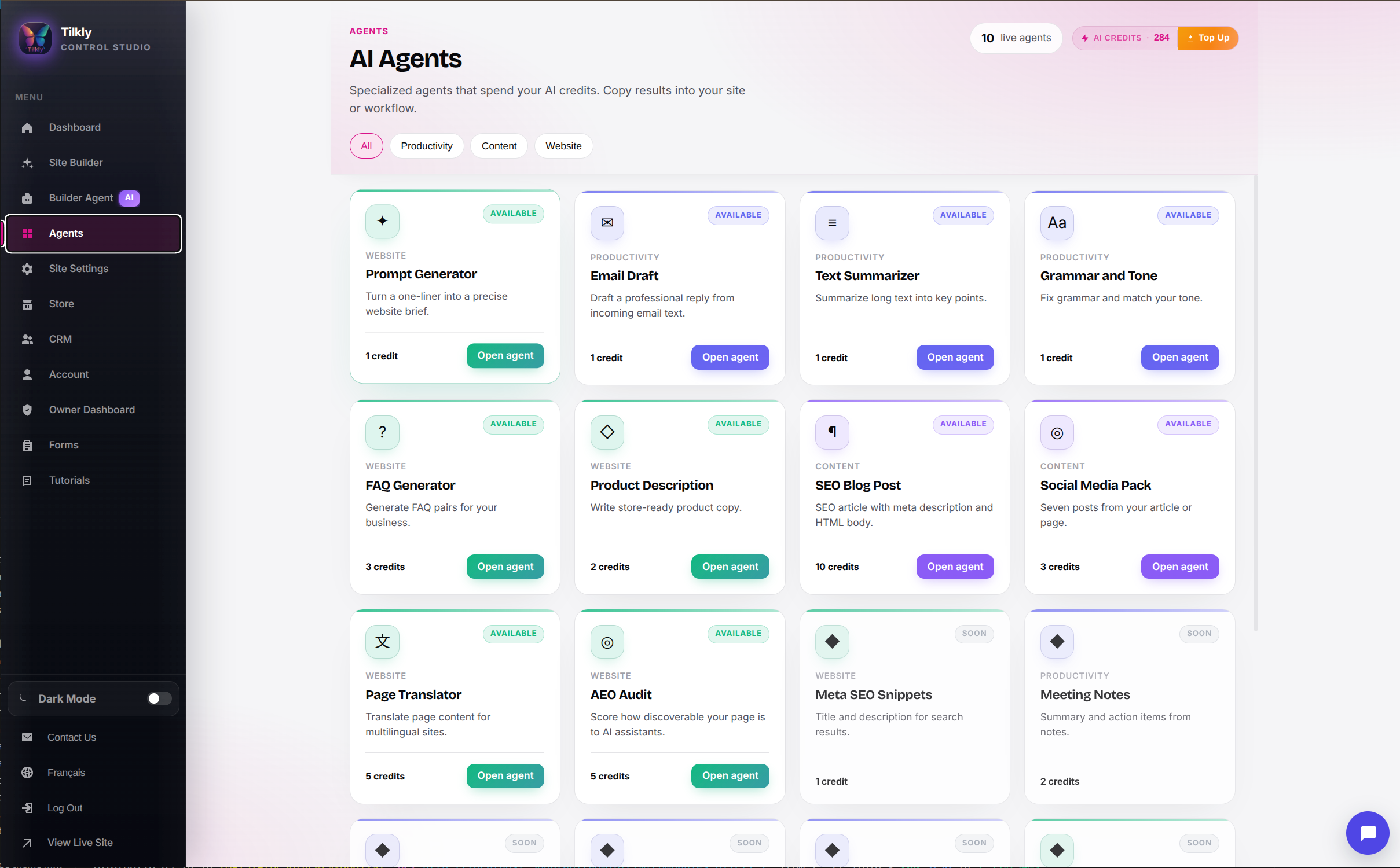 AI helpers for websites, writing, translation, visibility, social posts, and email