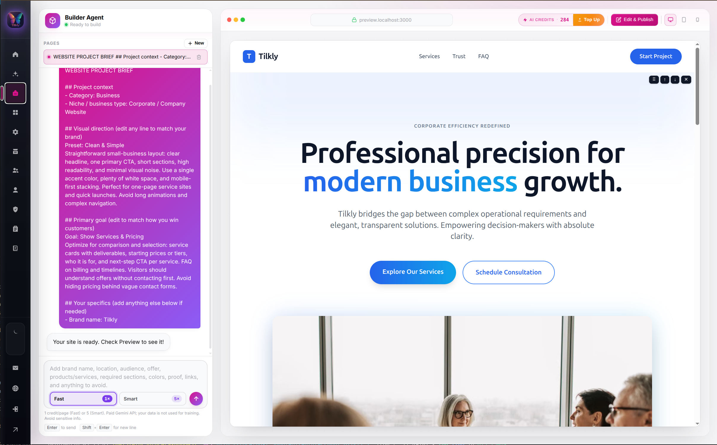 AI Website Helper preparing an editable Tilkly website preview